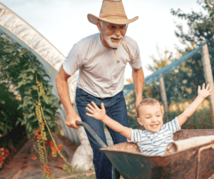 grandpa and kid in wheelbarrow